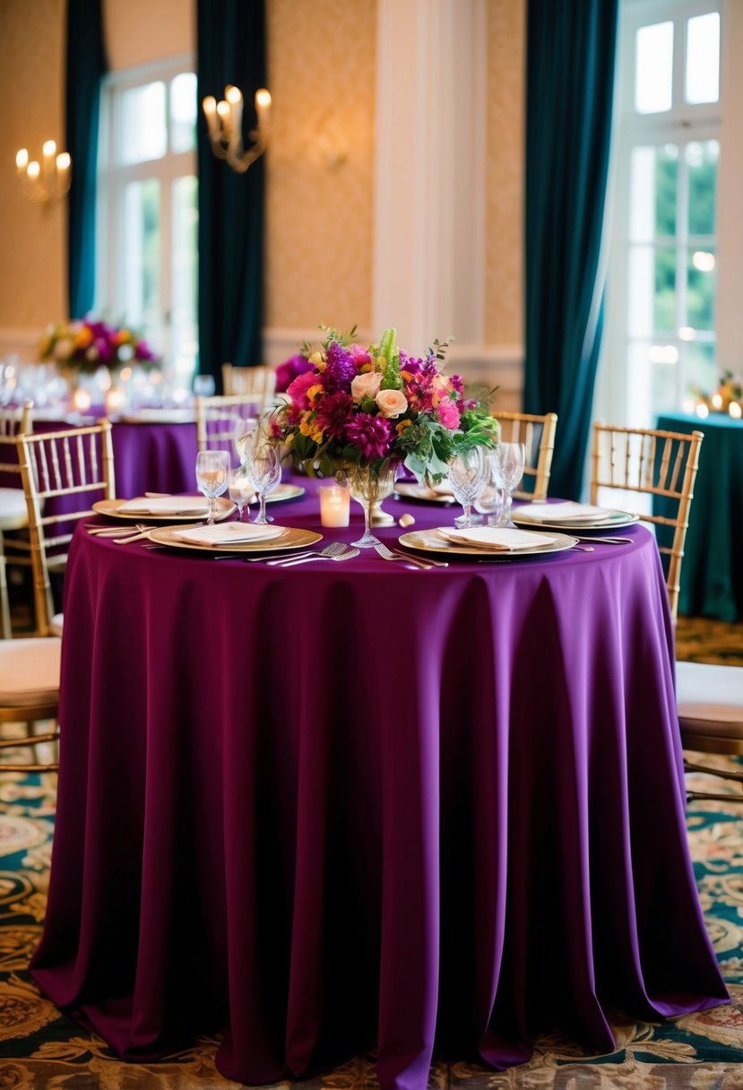 A rich jewel-toned tablecloth drapes over a sweetheart table at a wedding, adorned with elegant place settings and a centerpiece of vibrant flowers