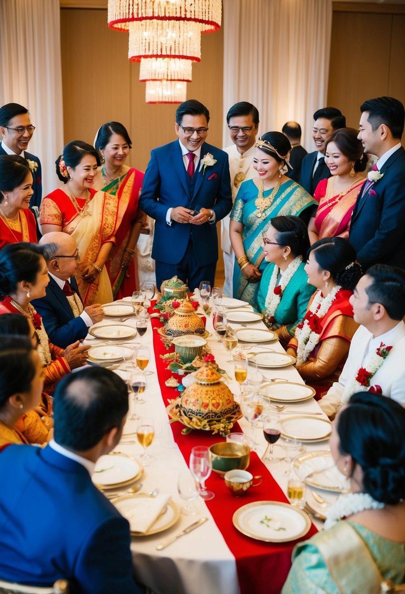 A wedding party gathers around a table adorned with traditional cultural decorations, sharing family tips and traditions