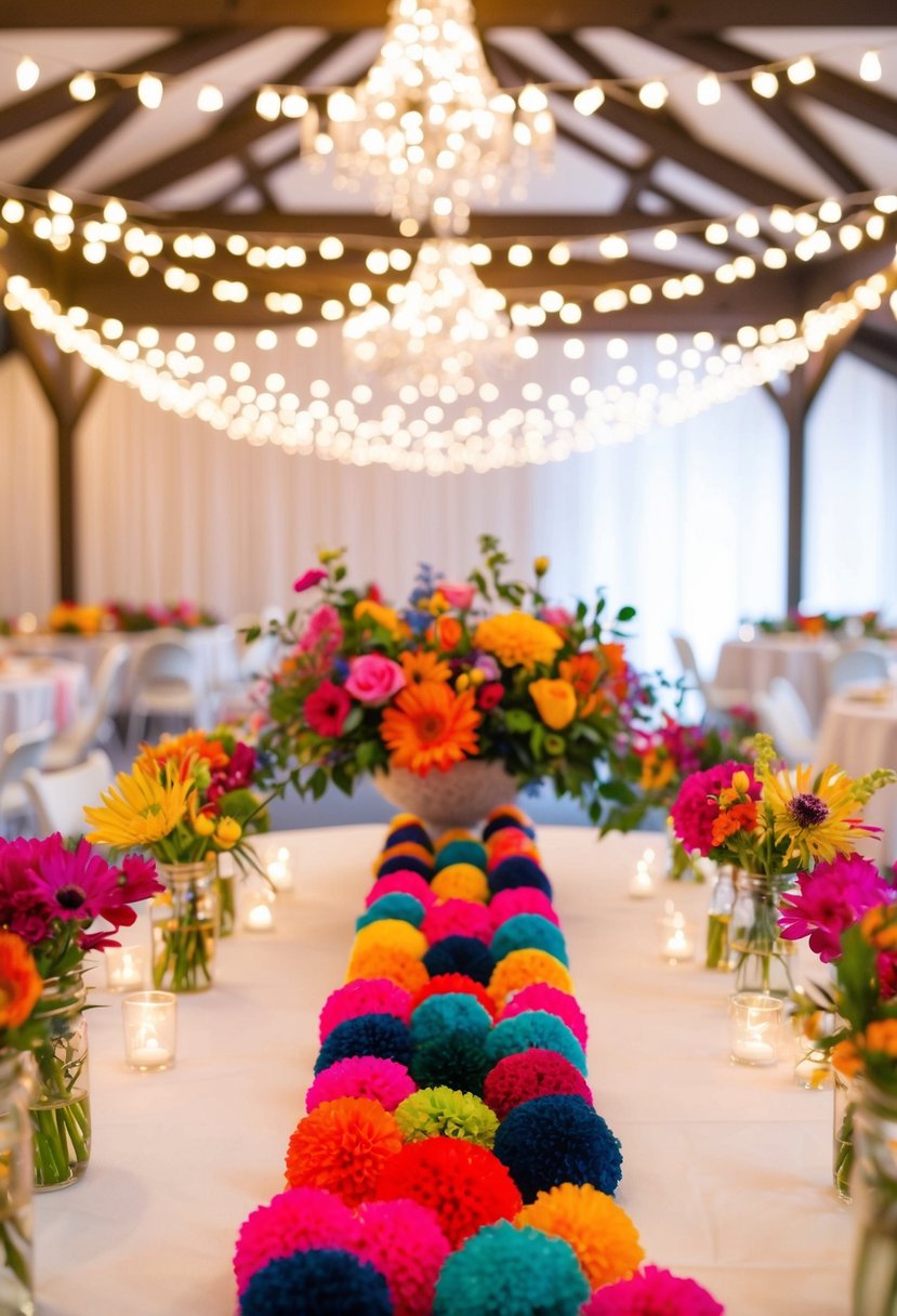 A vibrant pom-pom runner adorns the sweetheart table, surrounded by colorful floral arrangements and twinkling fairy lights