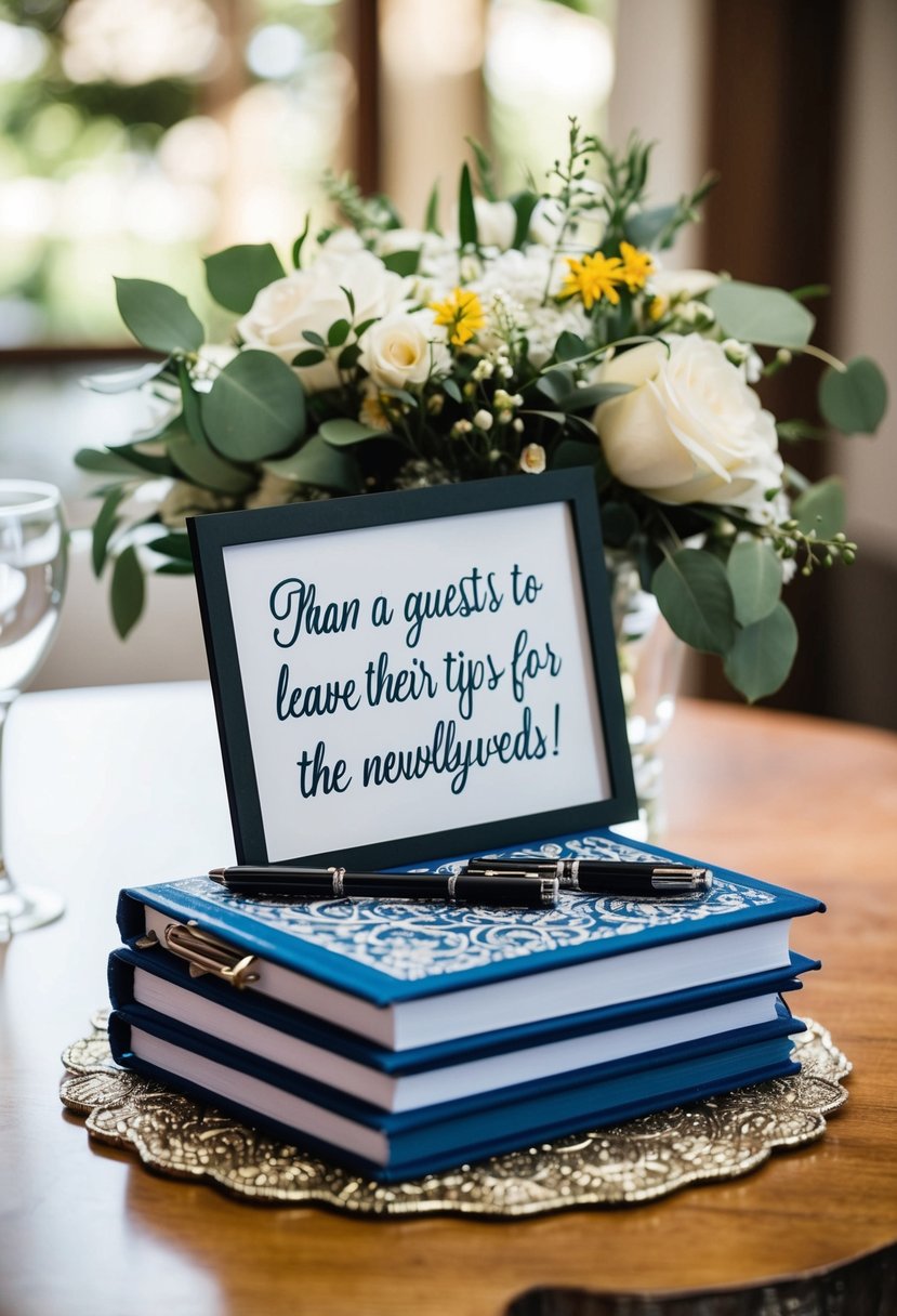 A table with a decorative guest book, pens, and a sign inviting guests to leave their tips for the newlyweds