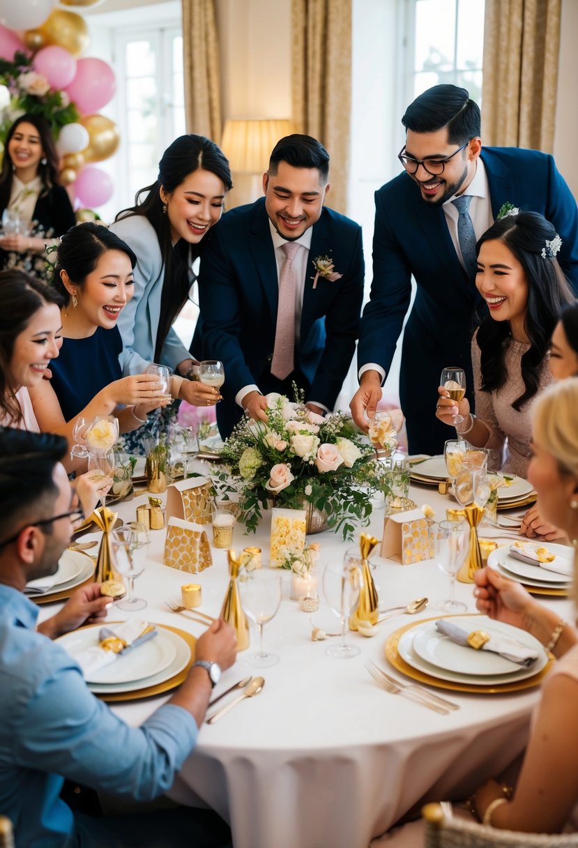 A group of people gather around a table set with decorations and party favors, engaged in a lively pre-wedding activity