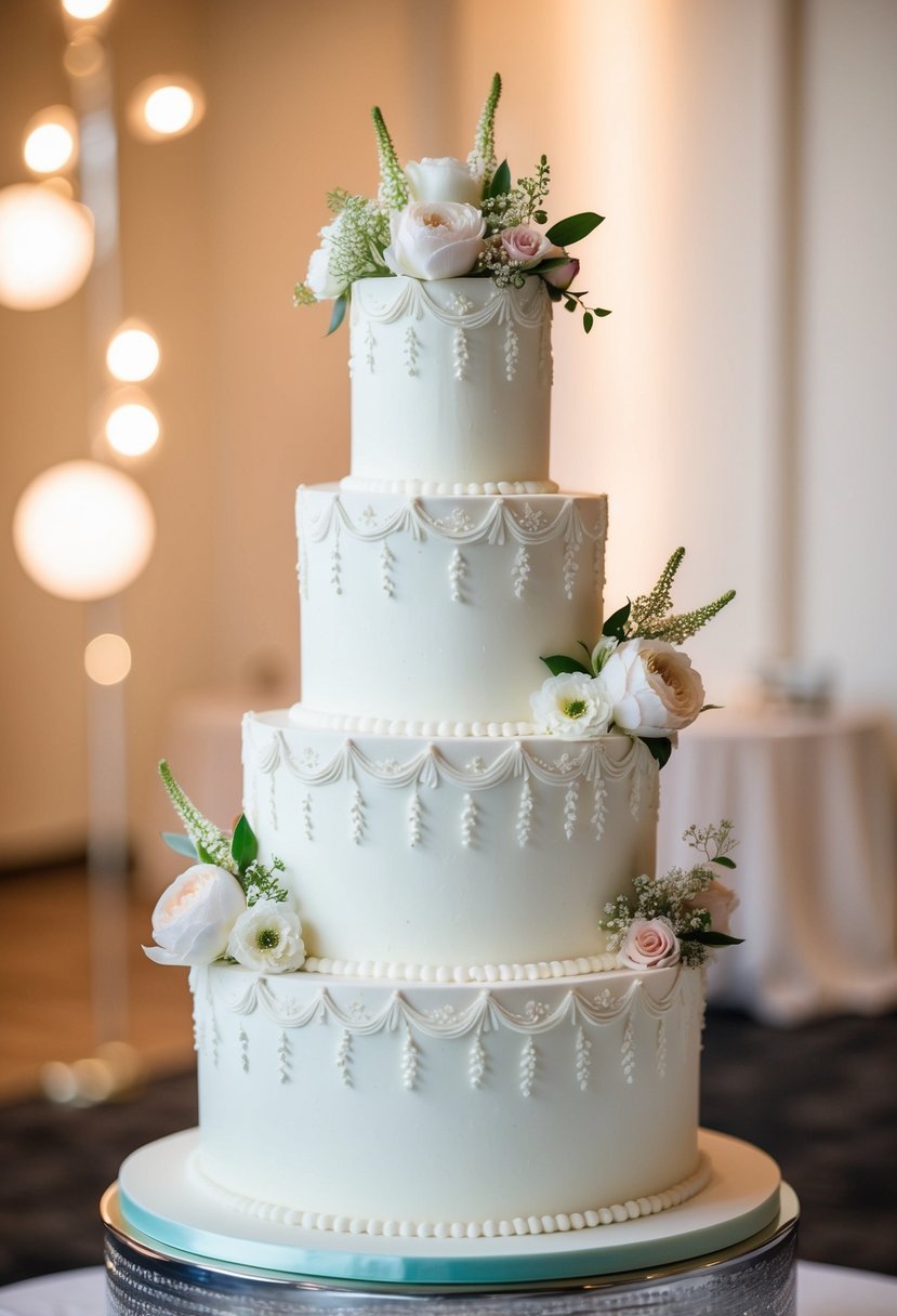 A three-tiered wedding cake adorned with cascading flowers and intricate piping designs