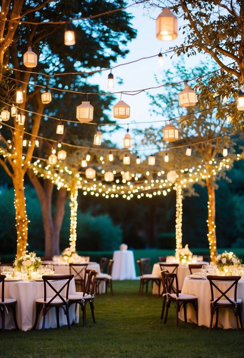 A warmly lit outdoor wedding reception with fairy lights and lanterns hanging from trees, creating a romantic and enchanting atmosphere