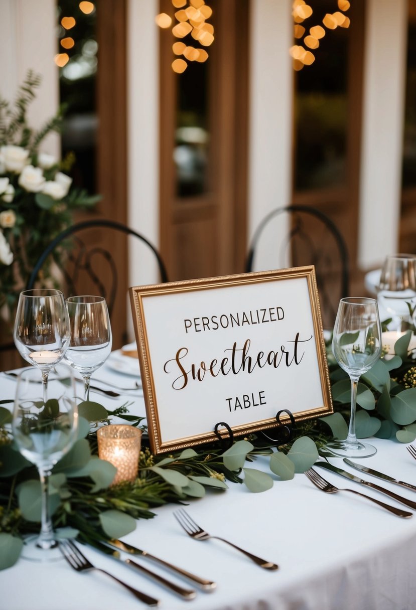 A beautifully decorated table with personalized signage for a wedding sweetheart table