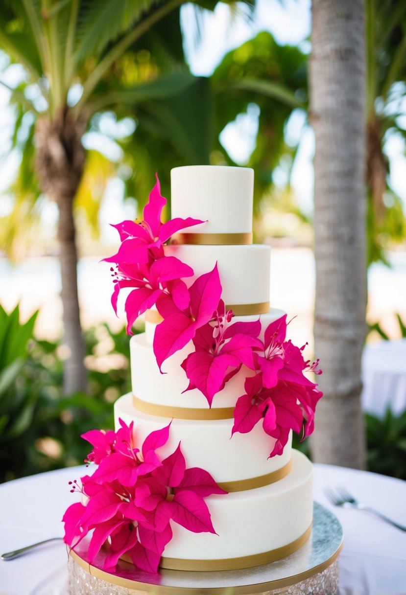 A one-tier wedding cake adorned with vibrant fuchsia bougainvillea, evoking a tropical ambiance