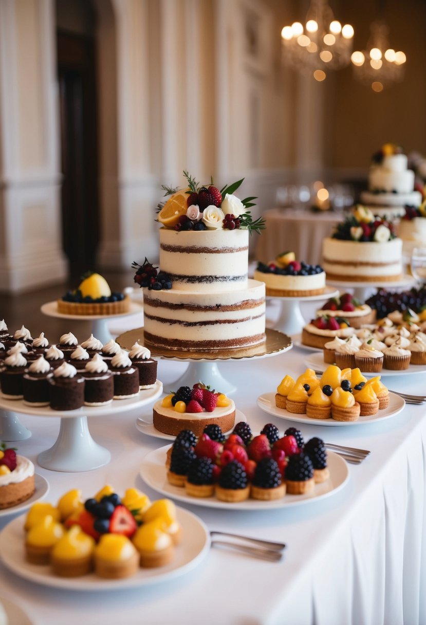 A table with an assortment of decadent desserts, including cakes, pastries, and fruit tarts, elegantly displayed for a wedding party