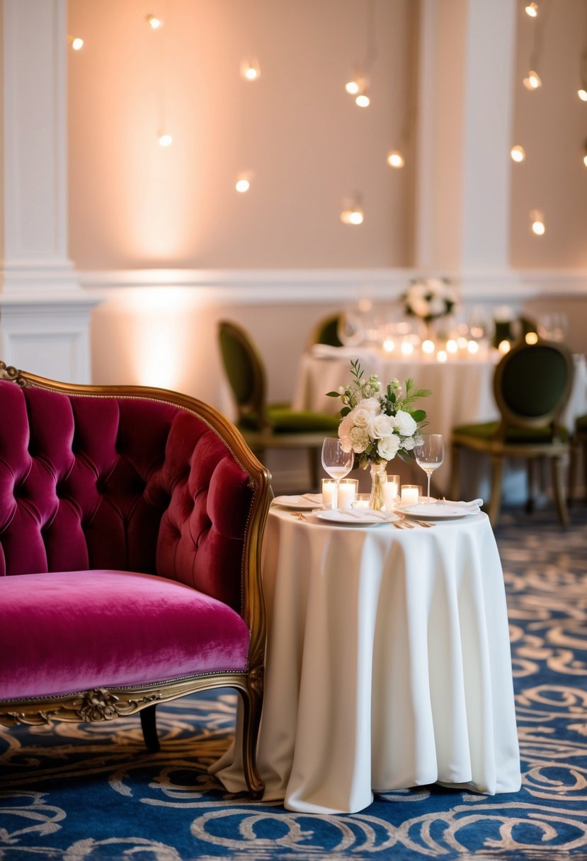 A plush velvet couch with a small table set for a wedding, adorned with elegant decor and soft lighting