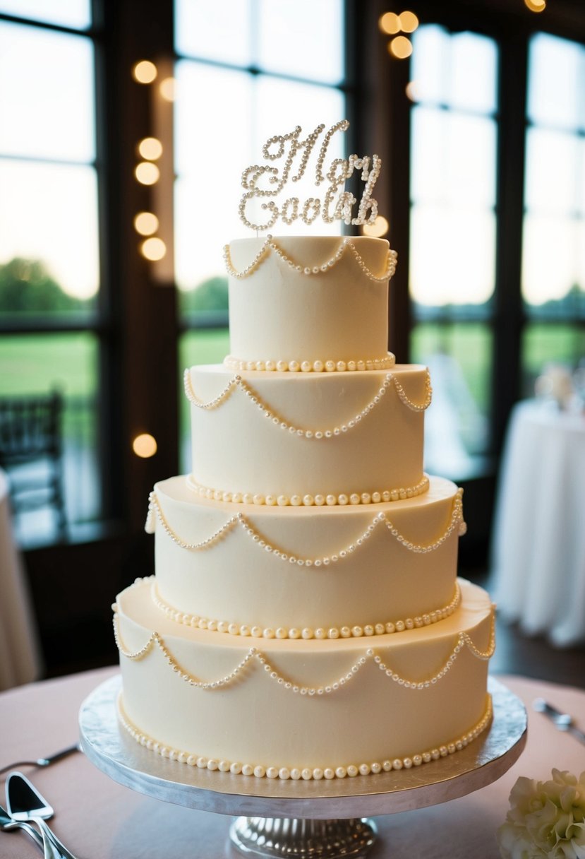 A three-tier wedding cake adorned with strings of pearls for vintage elegance