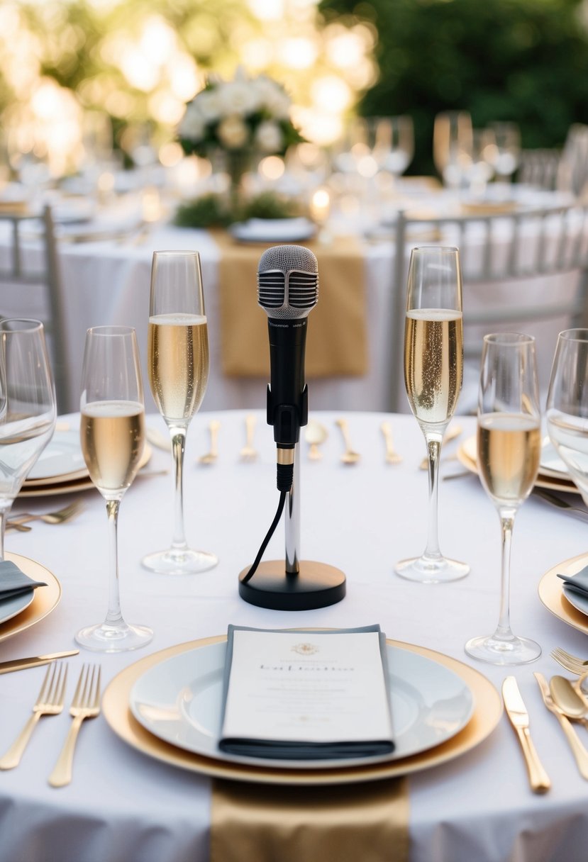 A table set with elegant place settings, a microphone at the center, and champagne flutes ready for toasts