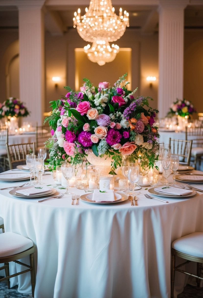 An elegant wedding table with an oversized floral centerpiece in vibrant colors, surrounded by romantic lighting and delicate table settings