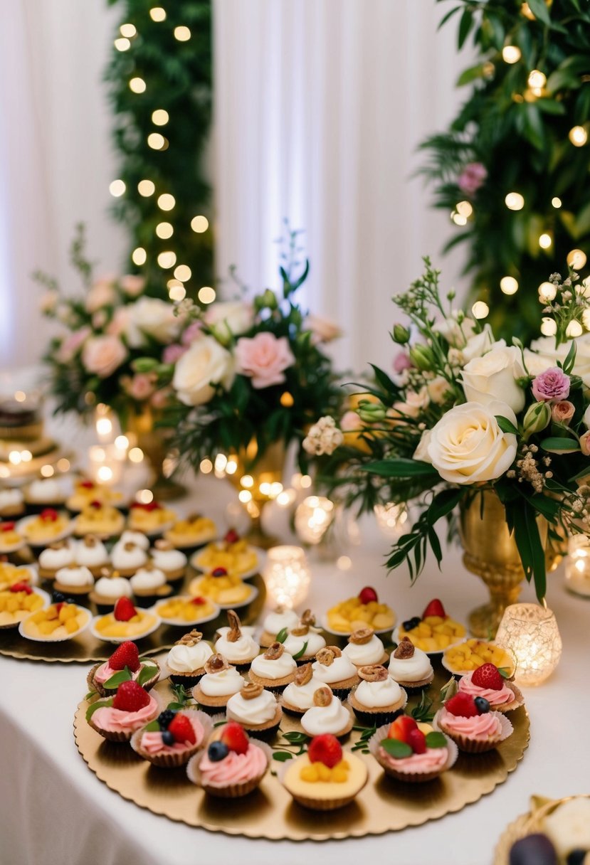 A table adorned with an array of bite-sized desserts and savory snacks, surrounded by twinkling lights and adorned with elegant floral arrangements