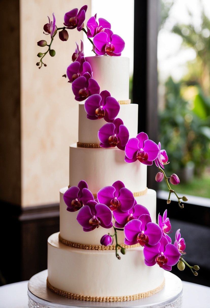 A three-tiered wedding cake adorned with vibrant Phalaenopsis orchids cascading down the sides, adding a pop of color to the elegant dessert