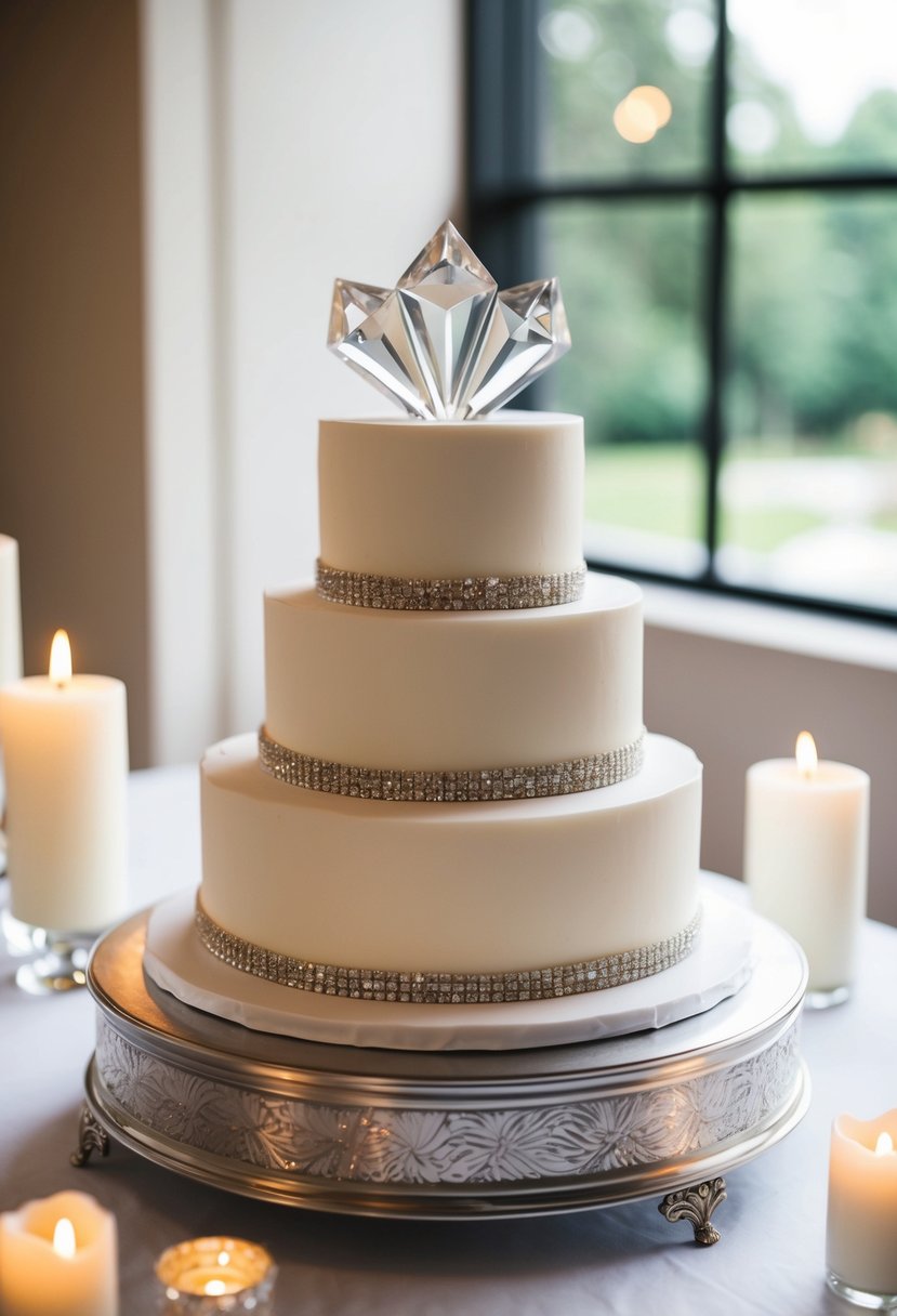 A white one-tier wedding cake adorned with acrylic diamonds, set on a silver stand, surrounded by soft candlelight