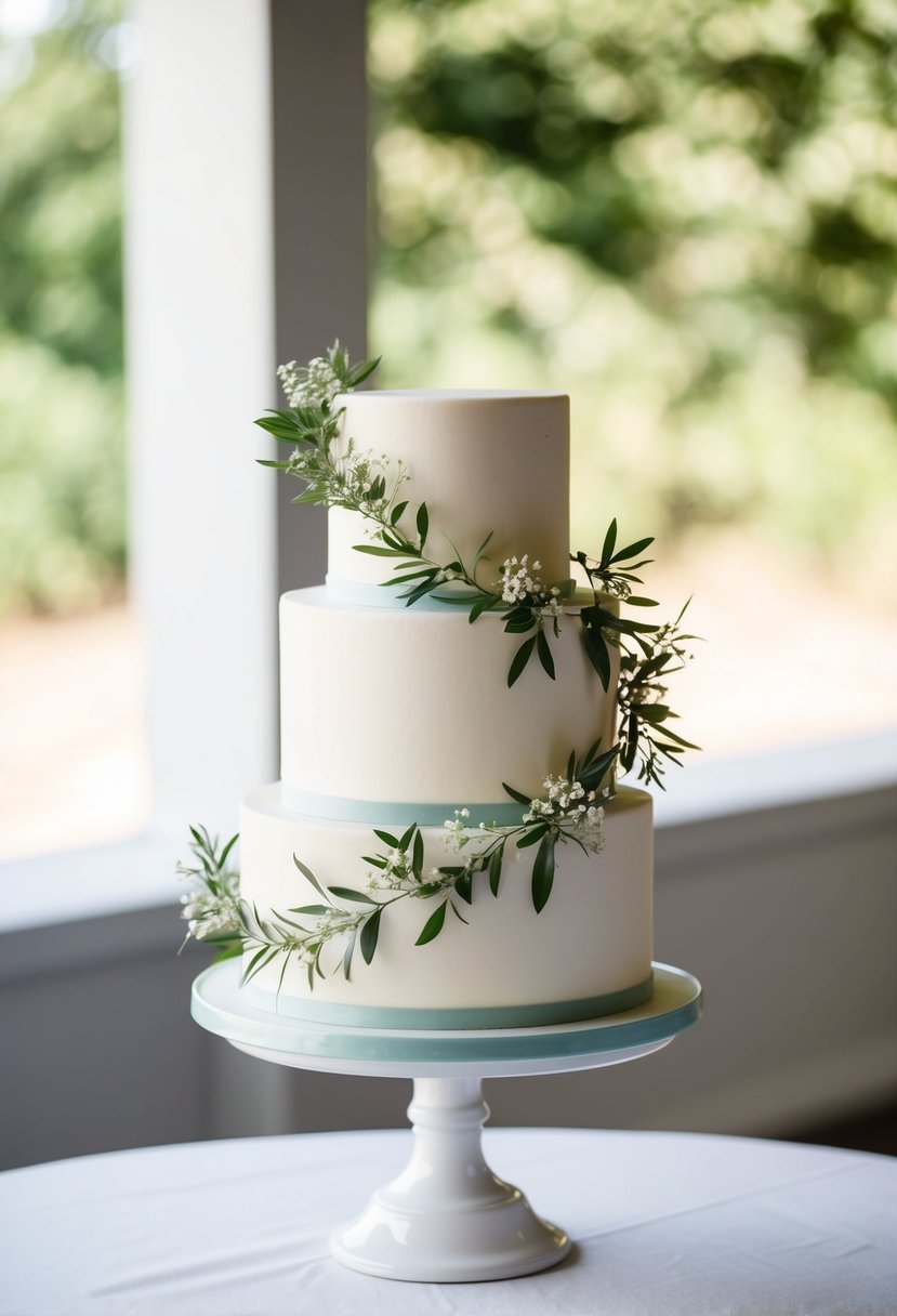 A simple one-tier wedding cake adorned with a delicate garland of greenery and small white flowers