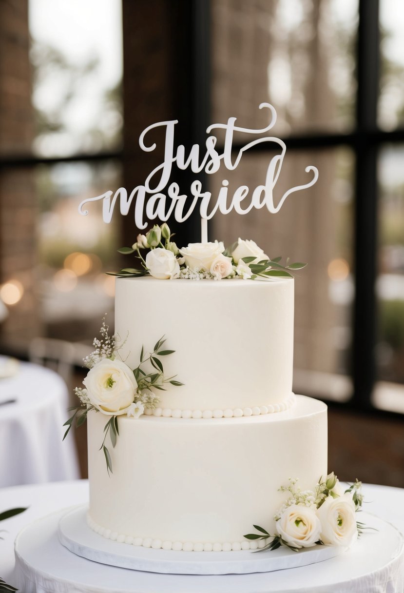 A white one-tier wedding cake with a calligraphy 'Just Married' topper, adorned with delicate floral decorations