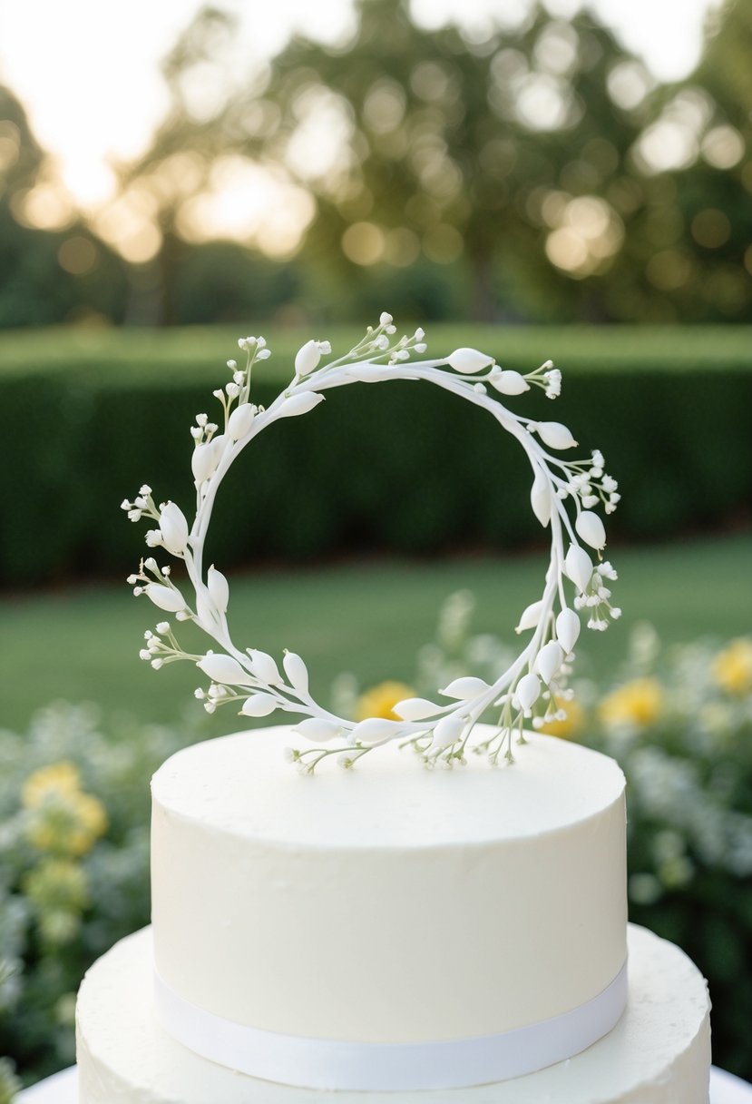 A white wreath adorns a one-tier wedding cake, adding an elegant touch to the simple design