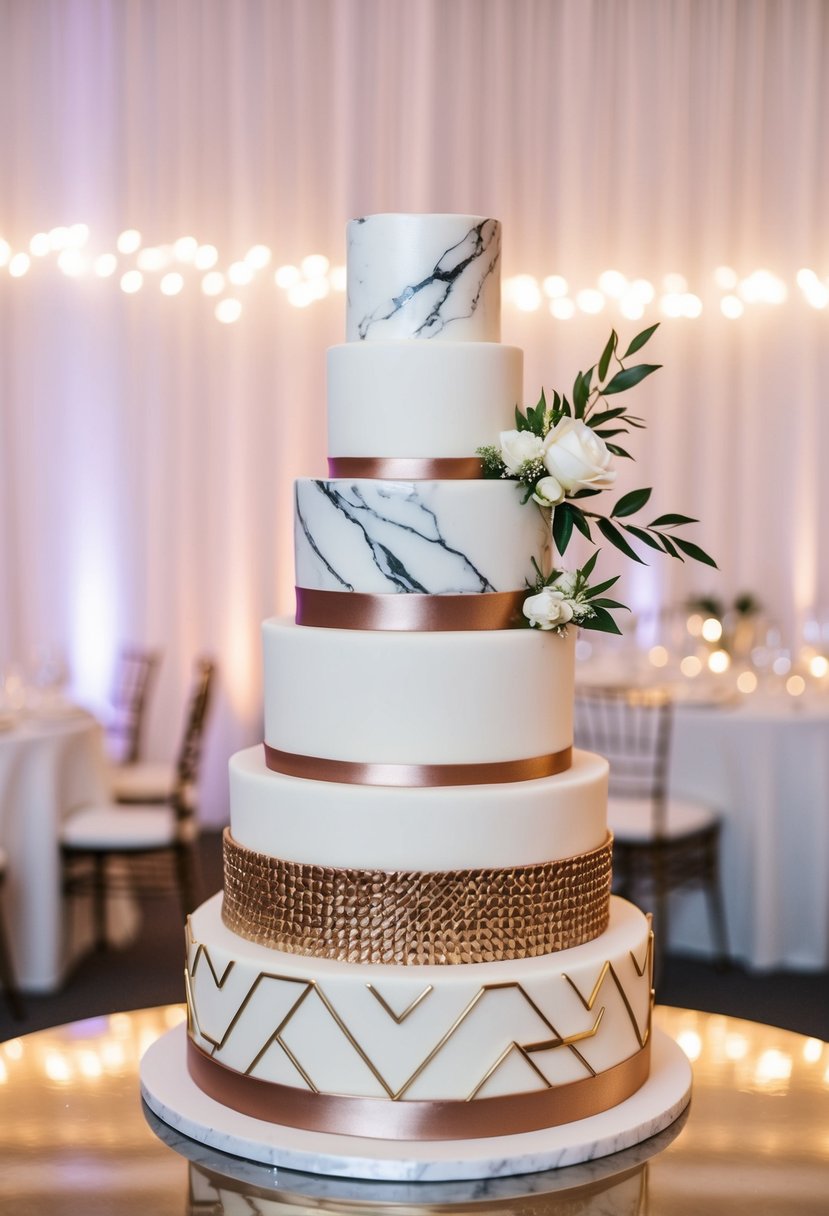 A three-tier wedding cake adorned with trendy textures like marble, metallic accents, and geometric patterns