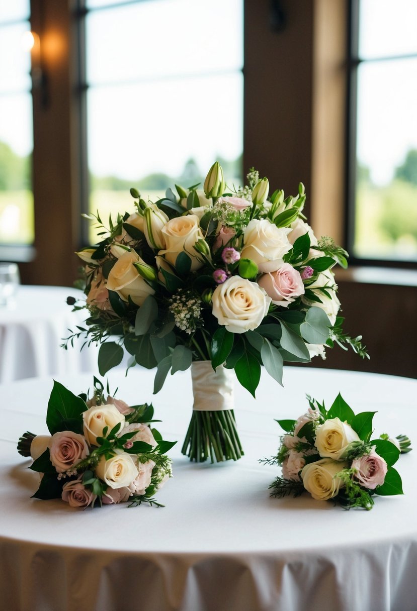 A bride's bouquet and a groom's boutonniere arranged on a table