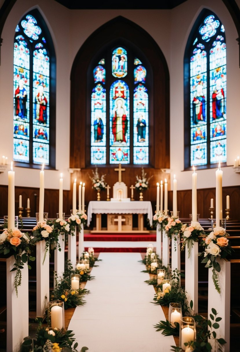 A beautiful church adorned with flowers and candles, with a white aisle leading to an altar under a stained glass window