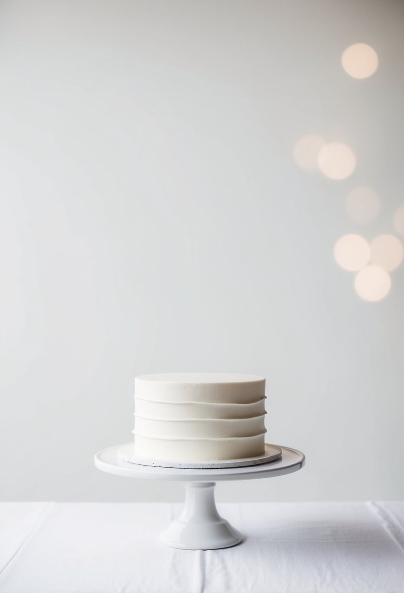 A simple all-white wedding cake with clean lines and minimal decoration sits on a white table against a plain white background