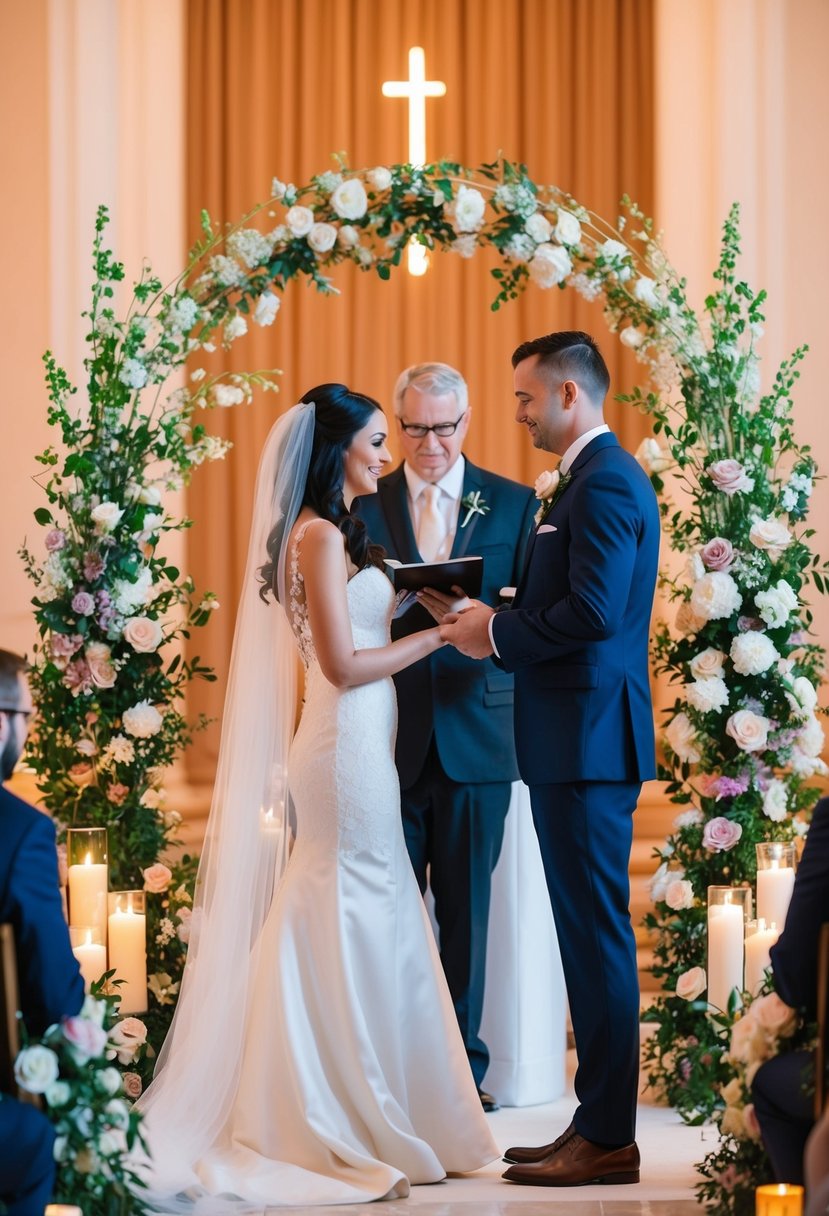 A bride and groom exchange vows at the altar, surrounded by elegant floral arrangements and the warm glow of candlelight