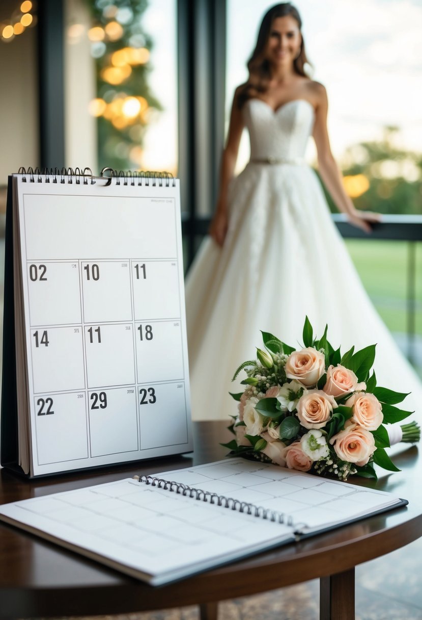 A calendar with highlighted dates, a wedding gown, and a bouquet of flowers on a table