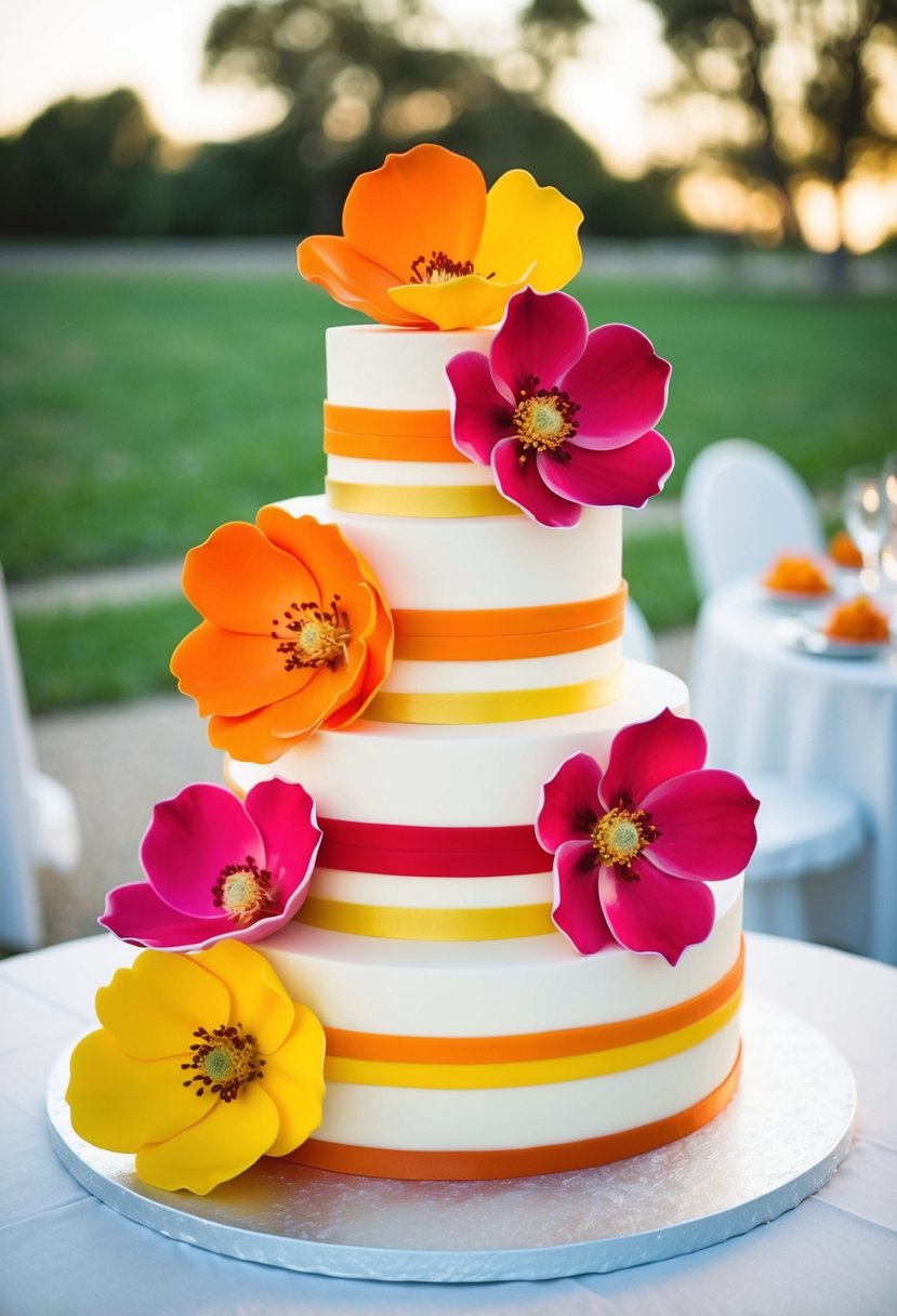 A three-tiered wedding cake adorned with vibrant, oversized edible flowers in bold colors