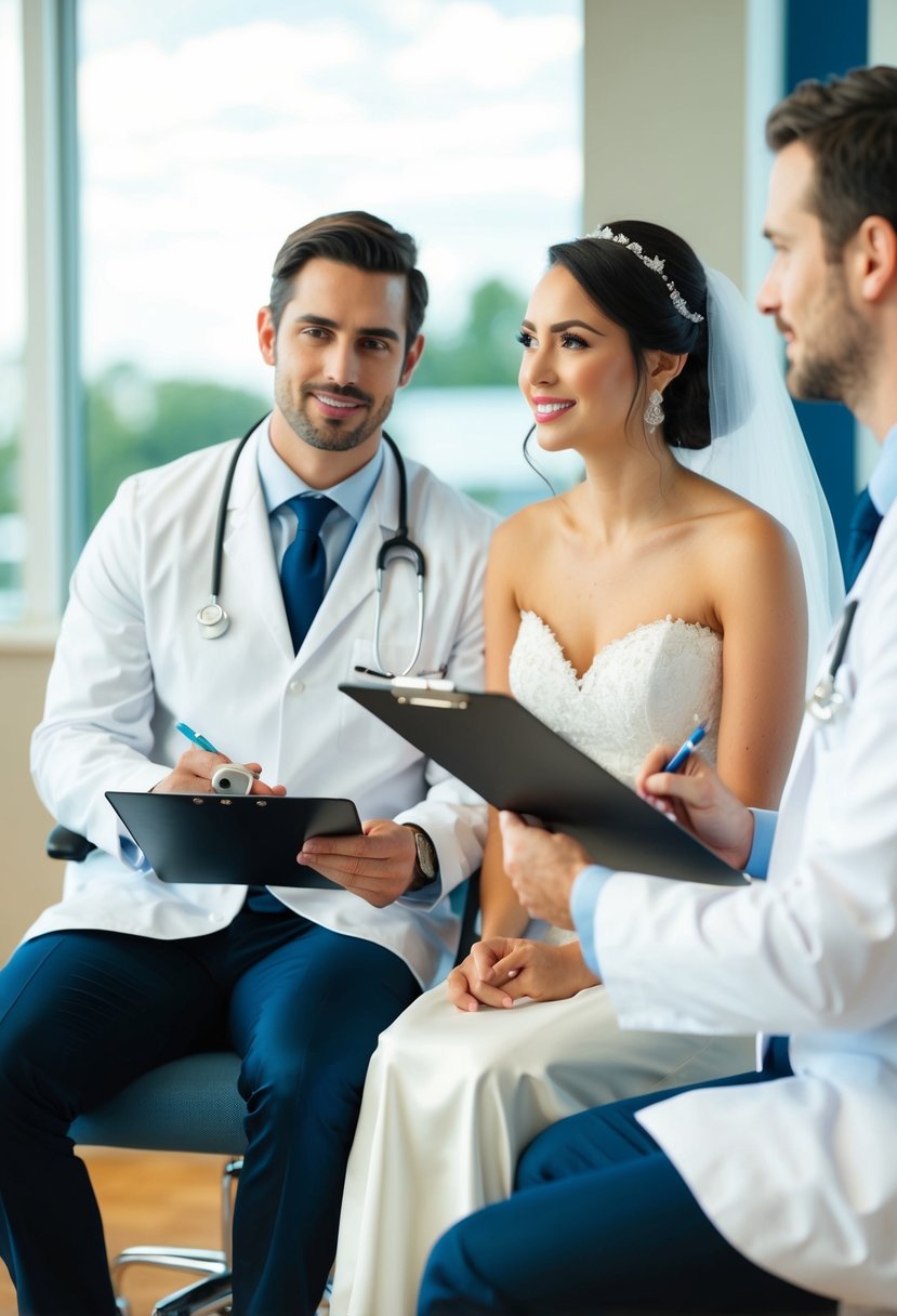 A bride and groom sitting in a doctor's office, discussing wedding day health tips. The doctor is holding a clipboard and the couple is listening attentively