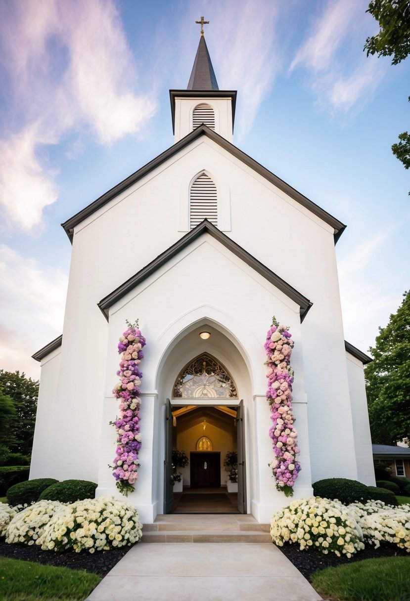 A white church with pastel flowers in shades of pink, lavender, and white adorning the entrance and interior