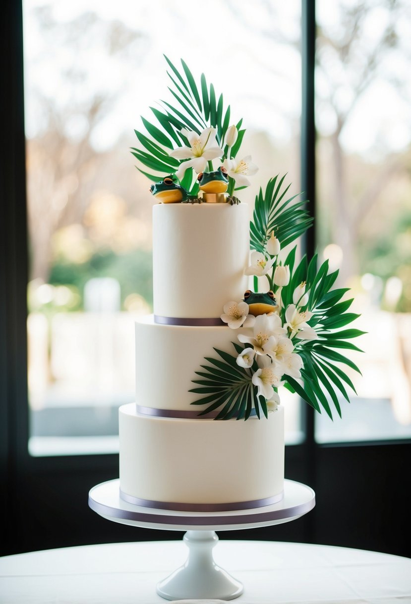 A sleek one-tier wedding cake adorned with chic Ikebana floral frog arrangements