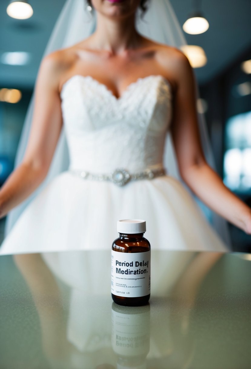 A bride's wedding dress and a bottle of period delay medication on a table