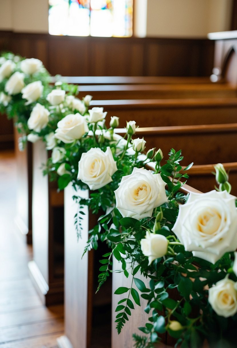 Delicate white roses and greenery adorn wooden pews in a sunlit church