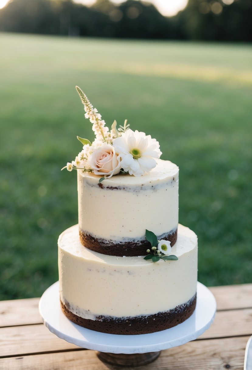 A rustic one-tier wedding cake sits on a wooden table, adorned with buttercream frosting and simple floral decorations