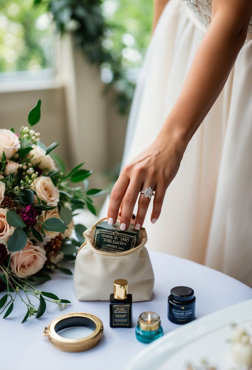 A bride's hand reaches for a small bag filled with period products, surrounded by a bouquet and wedding accessories