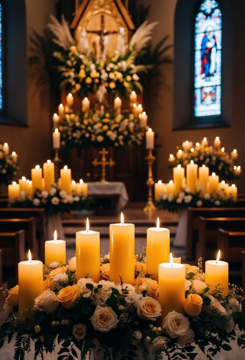 Candles casting a warm glow, scattered among floral arrangements and elegant decor in a dimly lit church