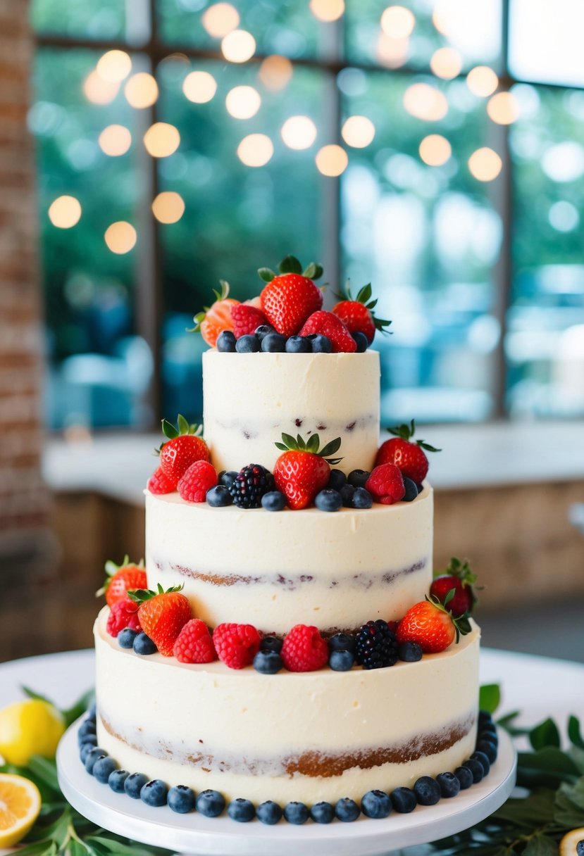 A one-tier wedding cake adorned with fresh fruits, such as strawberries, blueberries, and raspberries, creating a colorful and natural look