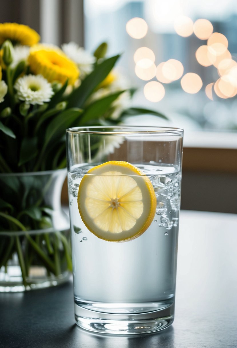 A glass of water with a lemon slice sits on a table next to a bouquet of flowers