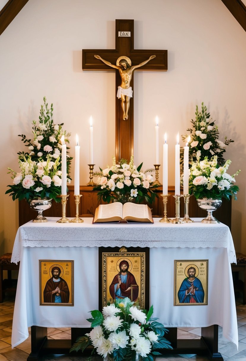 A church altar adorned with a cross, candles, and flowers. A bible and religious icons sit on the table