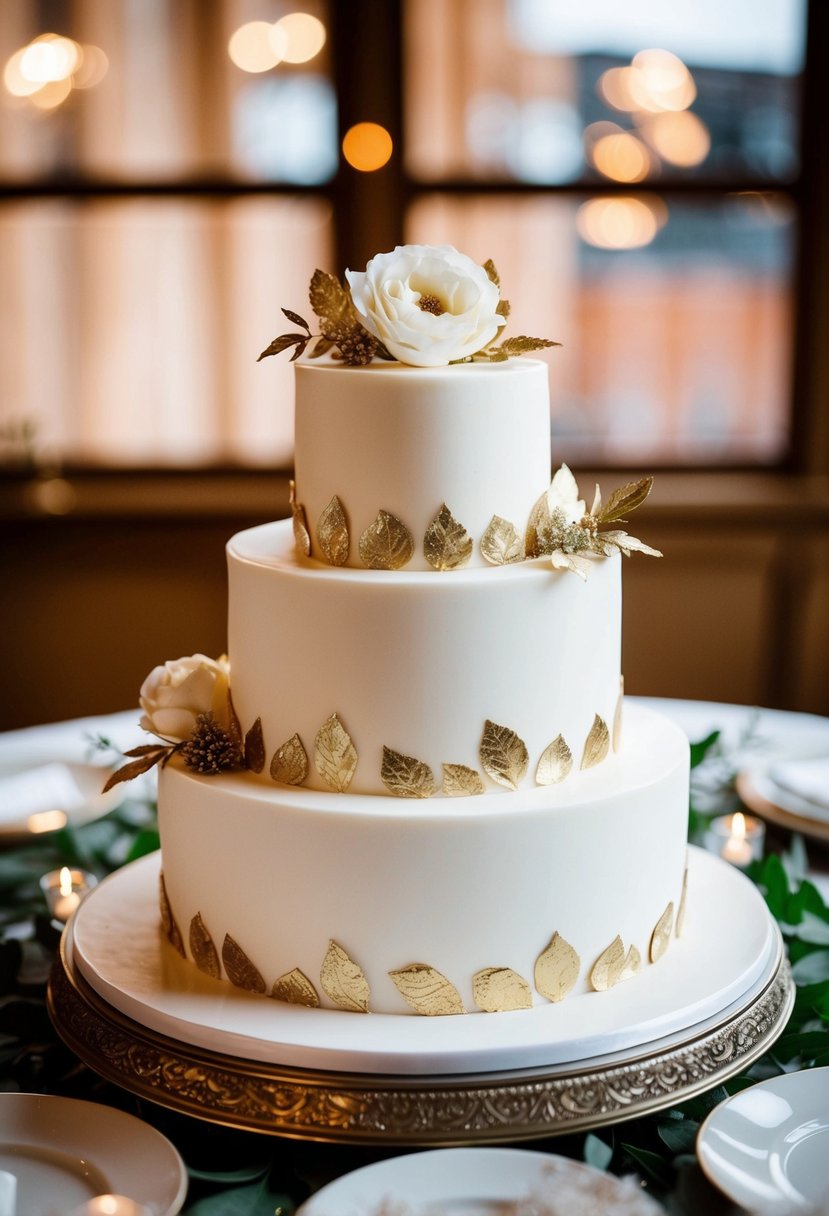 A white one-tier wedding cake adorned with intricate gold leaf accents