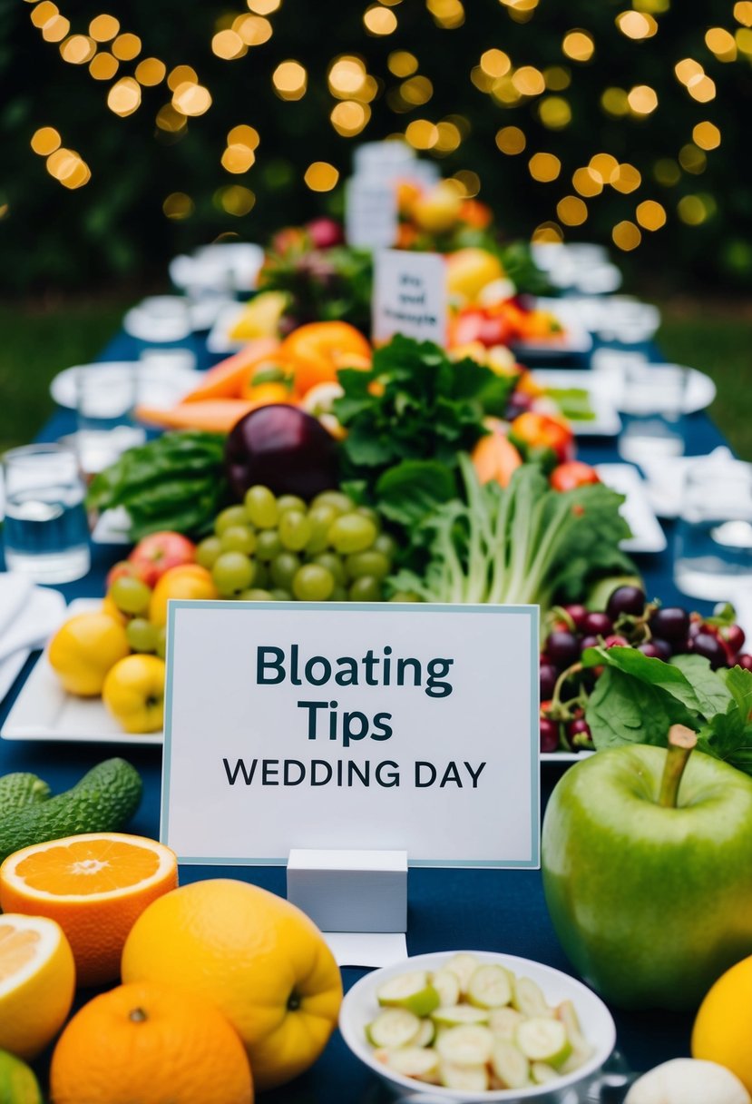 A table with a variety of fresh fruits, vegetables, and water, with a sign saying "Bloating Tips for Wedding Day."