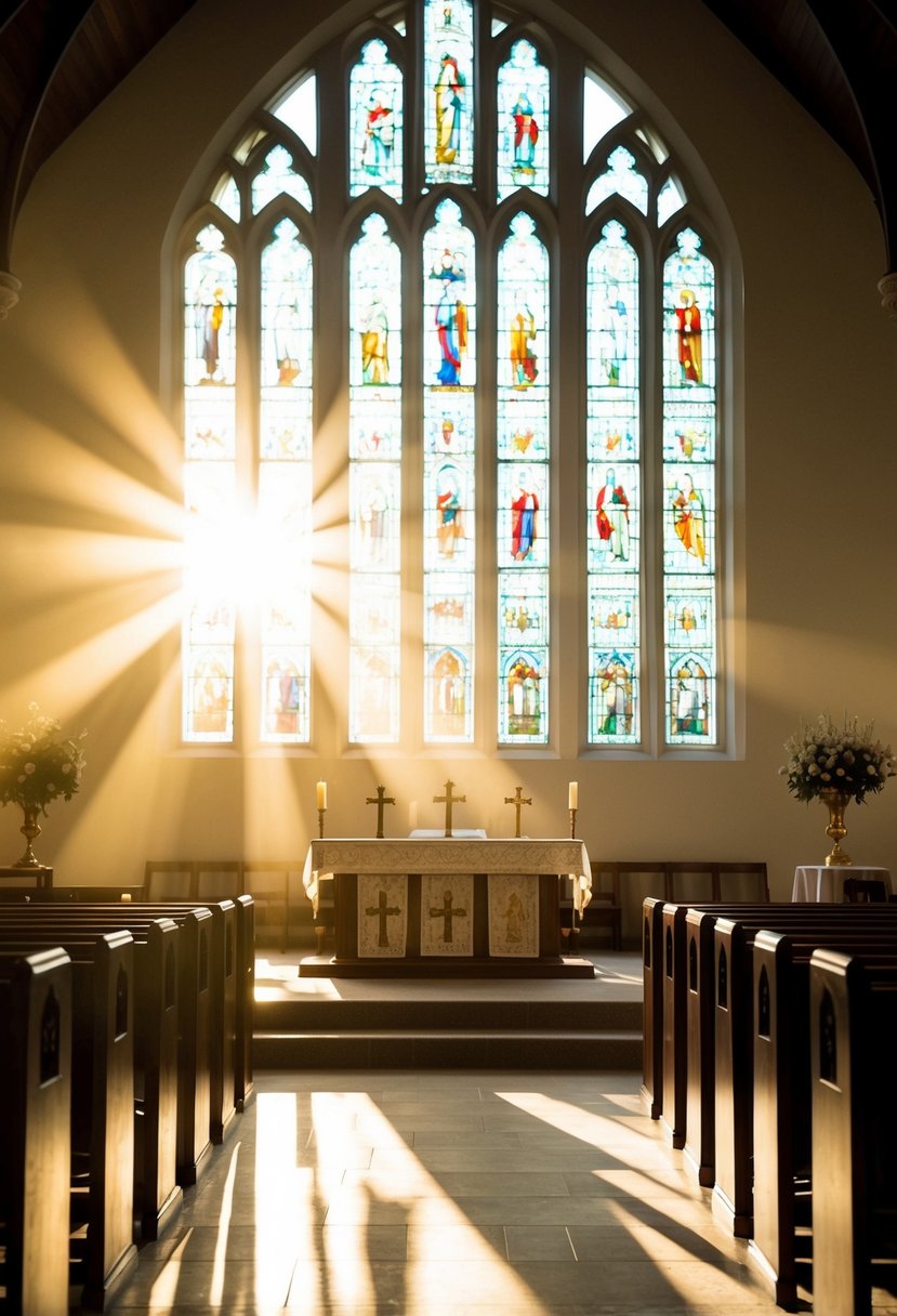 Sunlight streams through large church windows, casting warm, golden rays onto the pews and altar