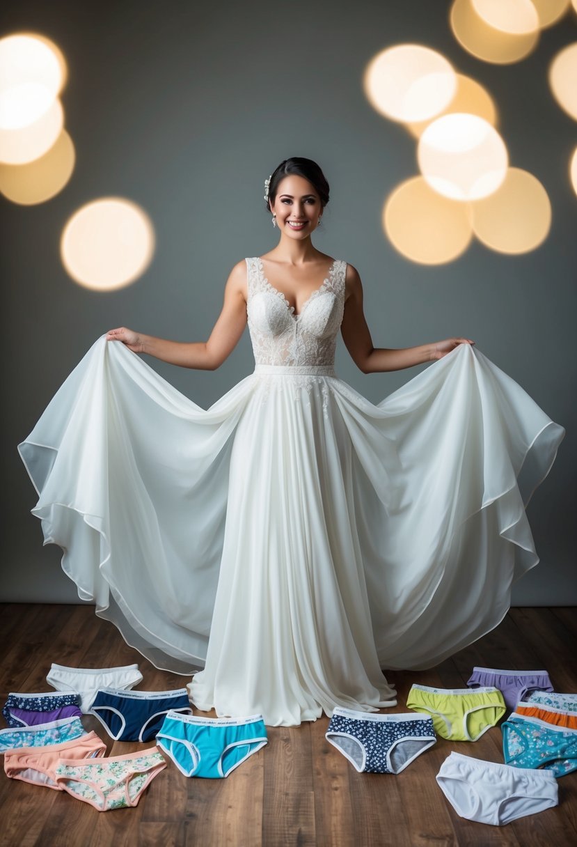 A bride standing in a flowing wedding gown, surrounded by period-proof underwear in various colors and patterns