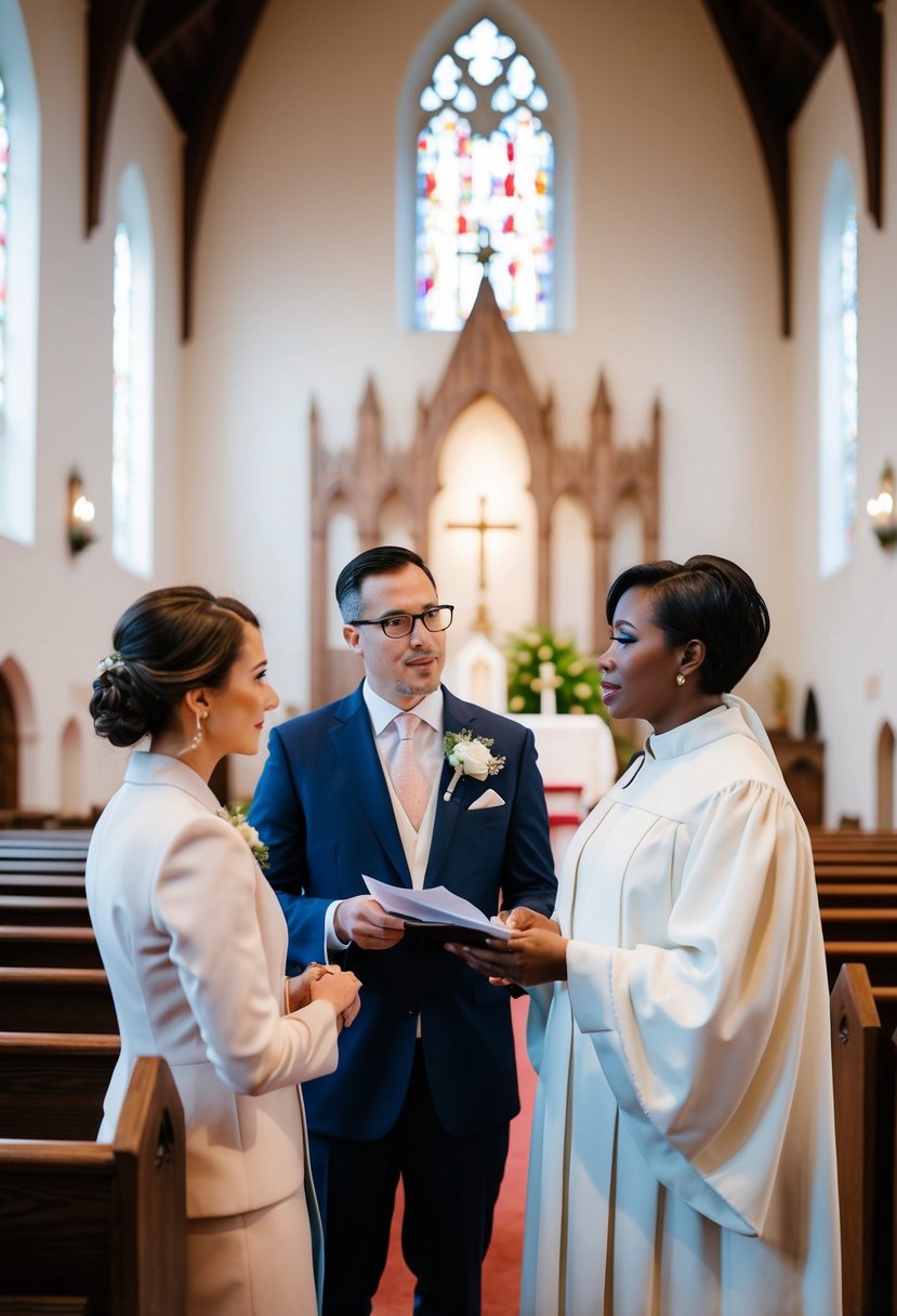 A wedding coordinator and a church staff member discussing wedding details in the church sanctuary