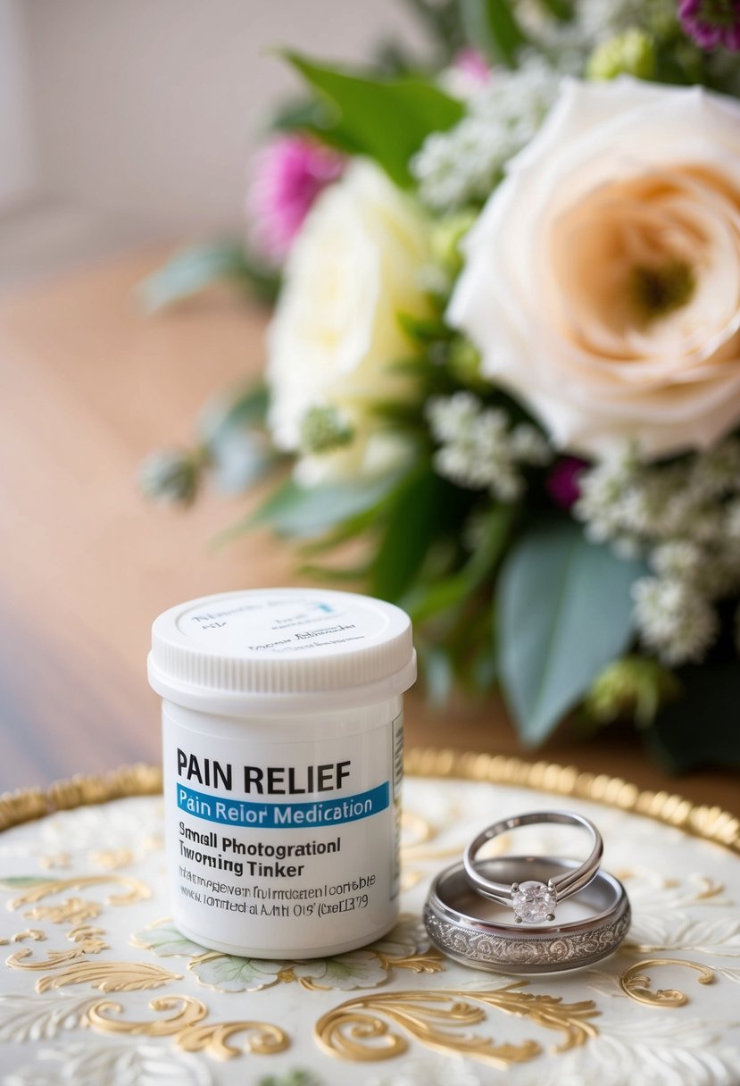 A small, elegant container of pain relief medication sits on a decorative table next to a bouquet of flowers and a pair of wedding rings