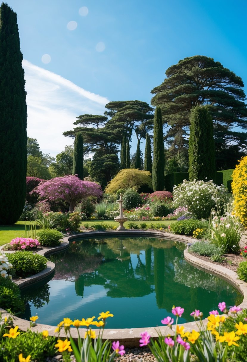 A serene garden with a peaceful pond, surrounded by blooming flowers and tall trees, with a clear blue sky overhead