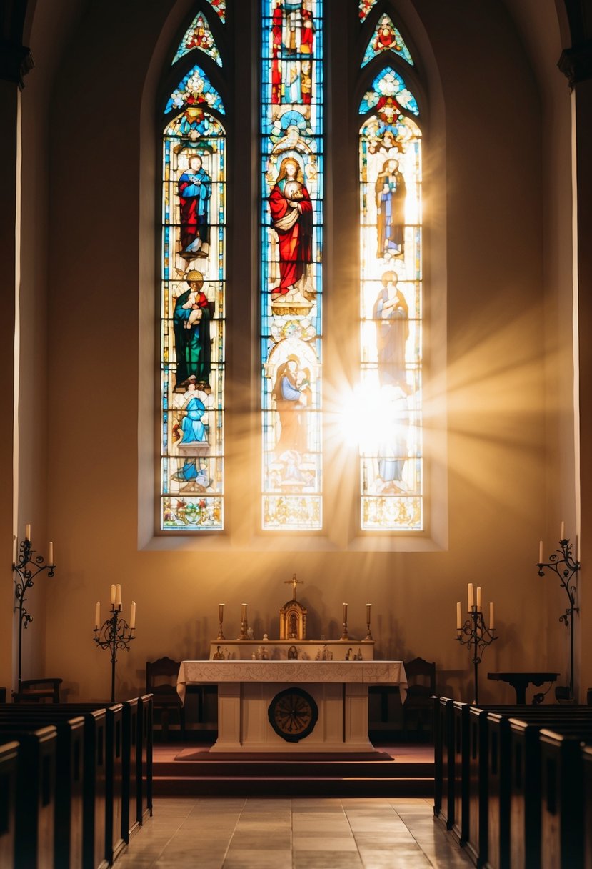 The sun casts a warm glow through the stained glass windows, illuminating the altar and creating a serene atmosphere in the church