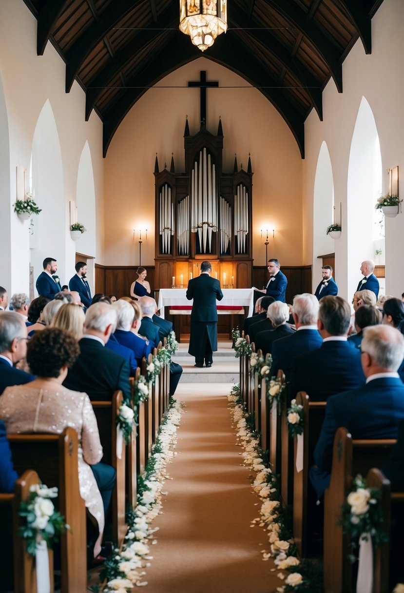 The church pews are filled with guests as the organist plays a solemn and reverent melody, setting the tone for the religious wedding ceremony