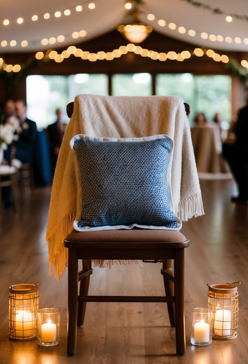 A heat pad placed on a chair at a wedding venue, surrounded by cozy blankets and warm lighting