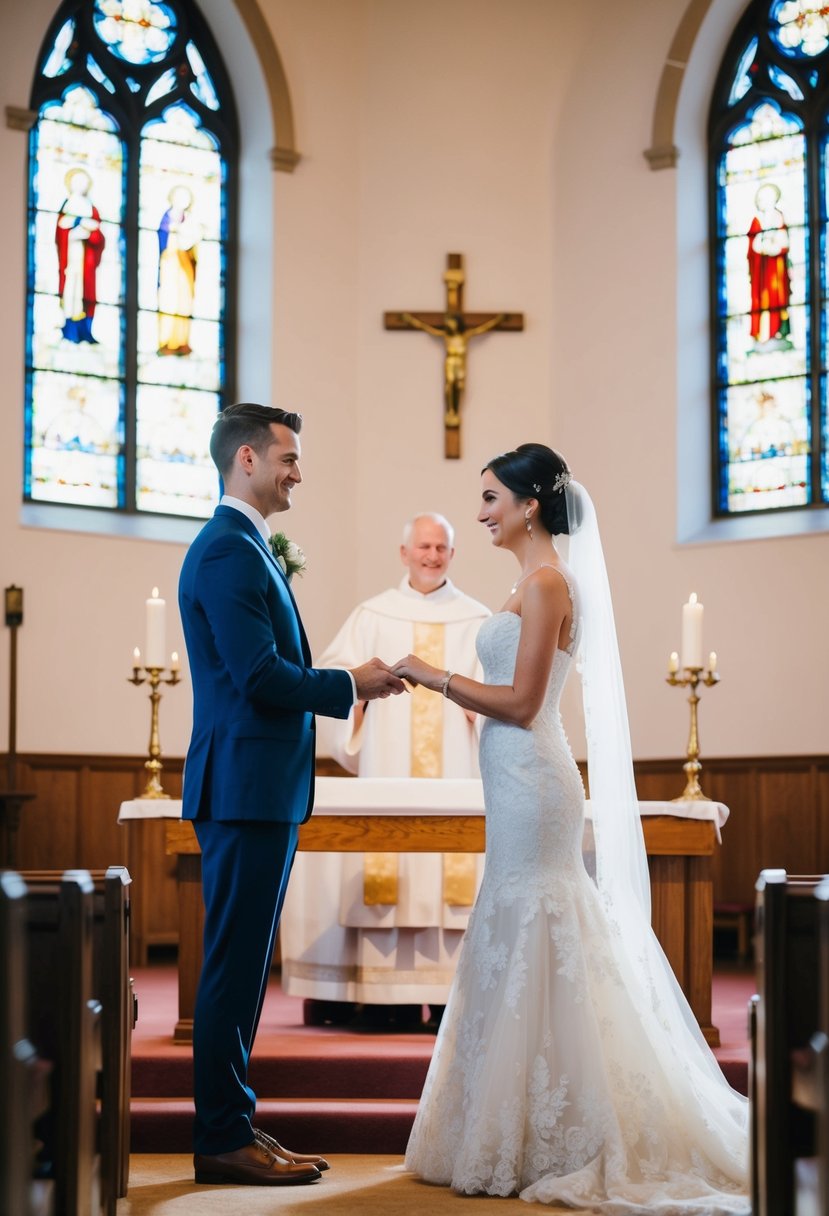 A bride and groom stand at the altar, exchanging personalized vows in a beautiful church setting. The sunlight streams through stained glass windows, casting a warm glow over the scene