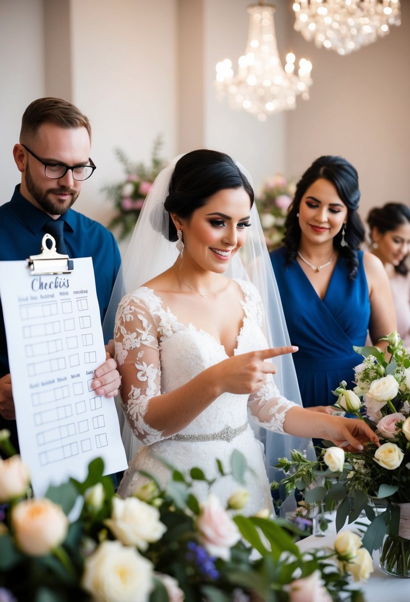 A bride points to a checklist while a team of helpers organize flowers and set up decorations